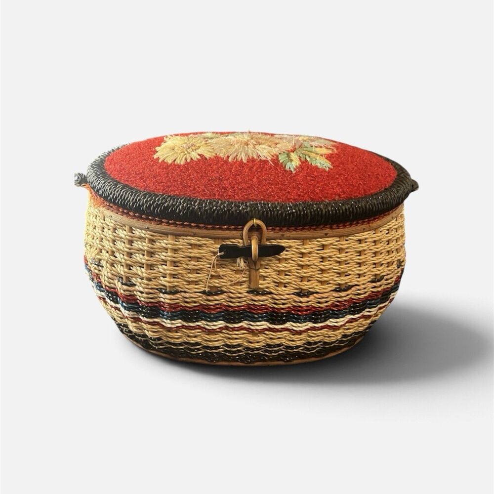 Vintage 60s’ Japanese Wicker Sewing Basket Raffia Flower Lid Red Interior